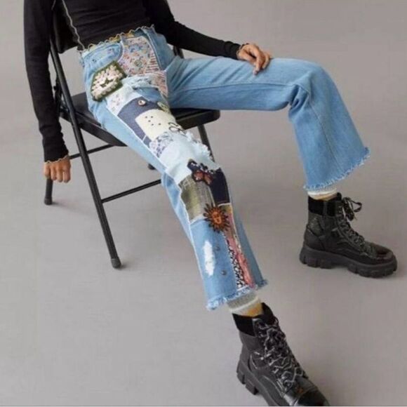 BDG Urban Outfitters High-Waisted Flare Patchwork Craft Jeans Indigo 26 - Picture 13 of 13